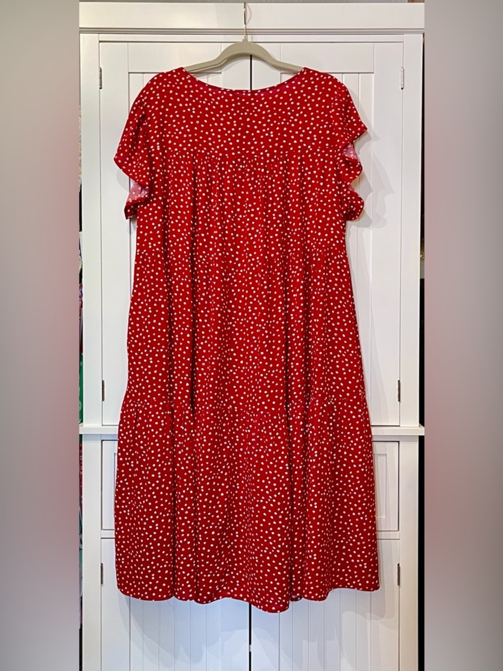 BloomChic Red & White Polka Dot Tiered Flutter Sleeve Dress with Pockets - Picture 2 of 7